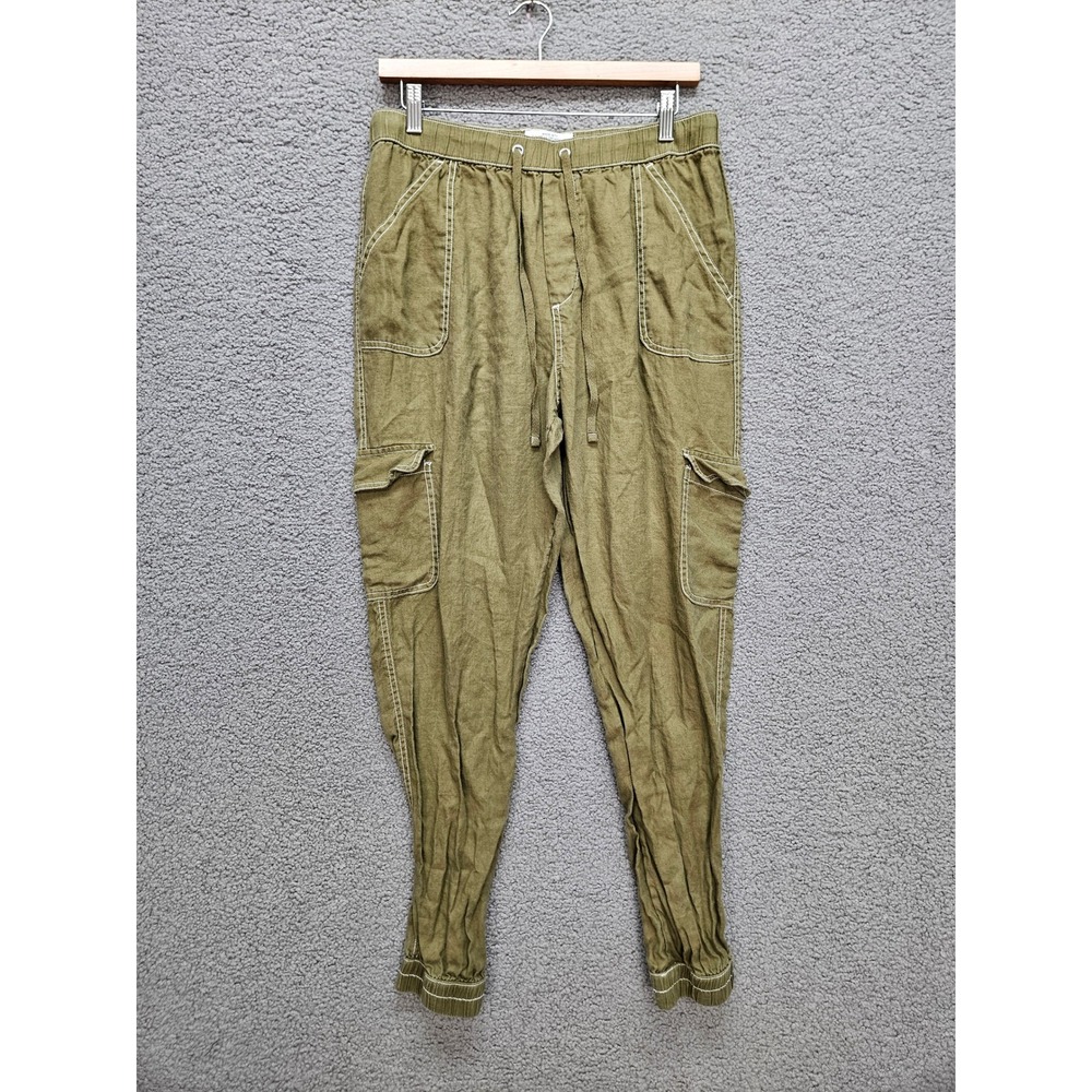 Nicole Miller Cargo Joggers Large Olive Green Linen Utility Gorpcore Pants